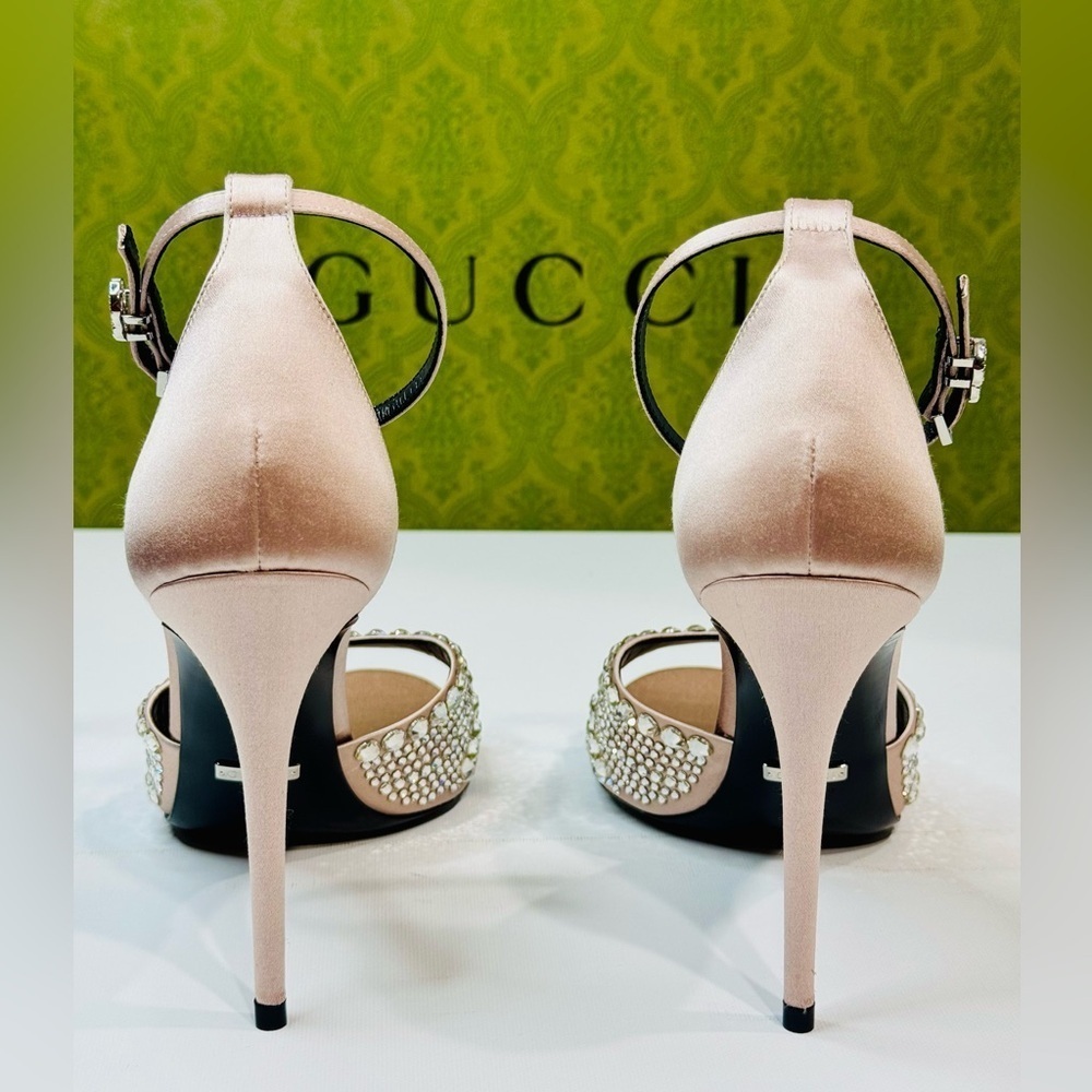 Gucci GG Crystal Embellished Rhinestones Heels Pink Satin Sandals Size 37.5 - Picture 7 of 16